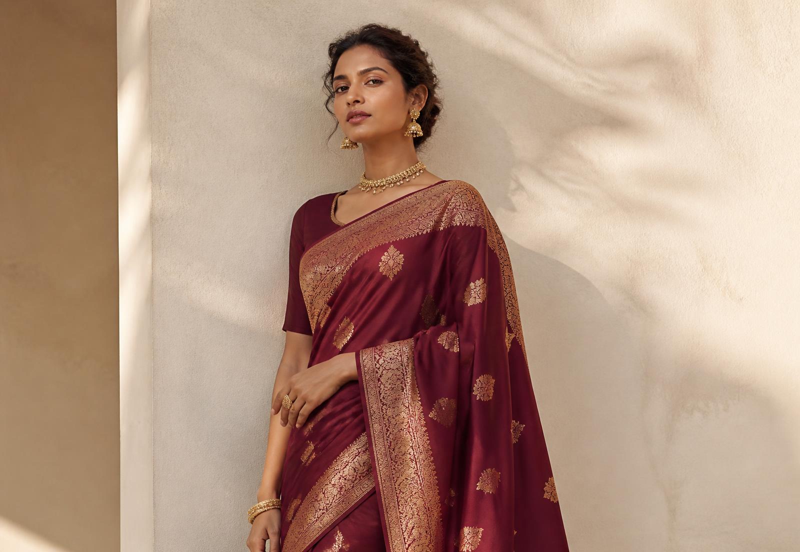 Woman wearing a maroon Banarasi silk saree with gold zari border